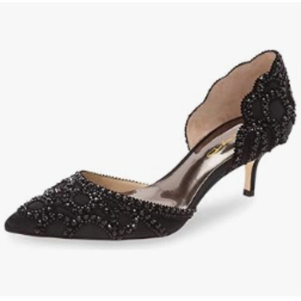 XYD Black Pointed Toe D'Orsay Kitten Heel Rhinestone Studs Slip-On Satin Shoes